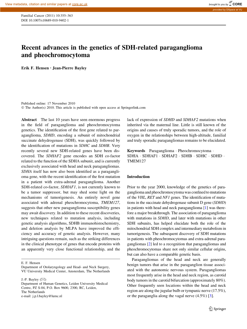 Recent Advances in the Genetics of SDH-Related Paraganglioma and Pheochromocytoma