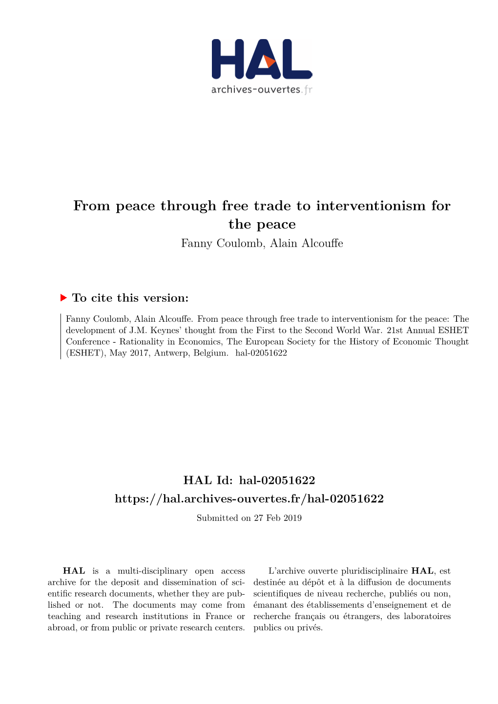 From Peace Through Free Trade to Interventionism for the Peace Fanny Coulomb, Alain Alcouffe