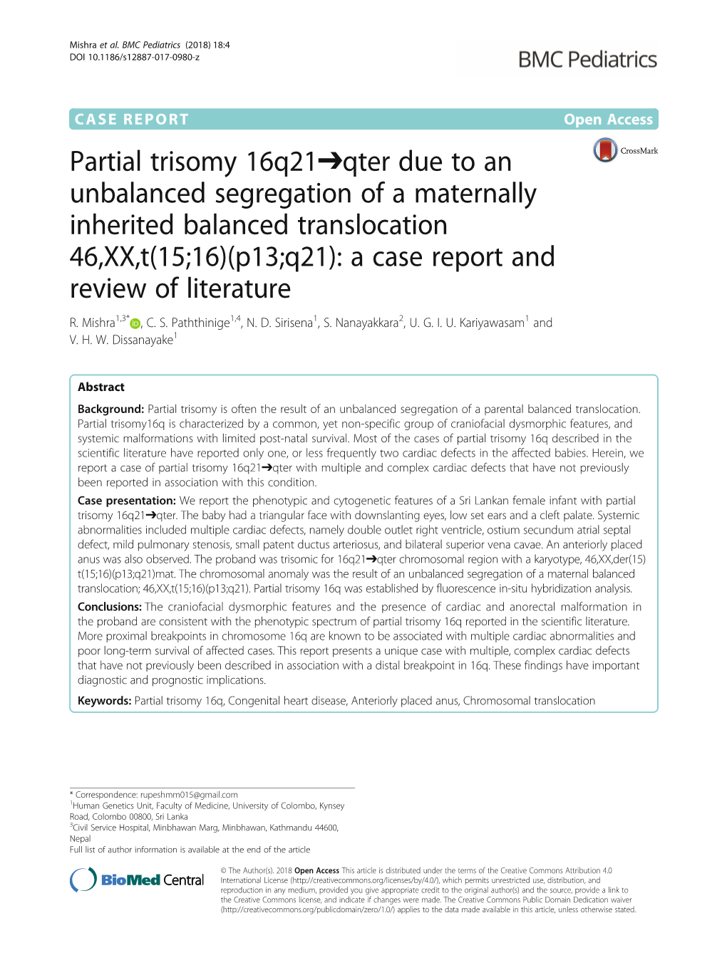 Partial Trisomy 16Q21 Qter Due to an Unbalanced Segregation of A