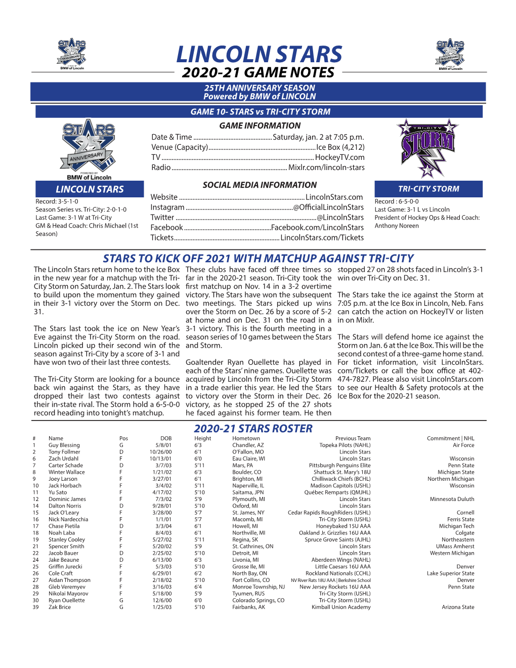 LINCOLN STARS 2020-21 GAME NOTES 25TH ANNIVERSARY SEASON Powered by BMW of LINCOLN GAME 10- STARS Vs TRI-CITY STORM GAME INFORMATION Date & Time