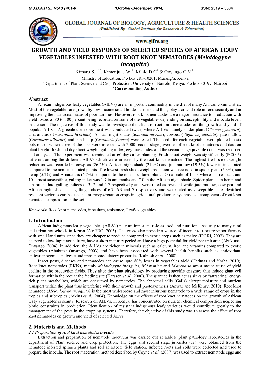 Meloidogyne Incognita) Kimaru S.L1*, Kimenju, J.W.2, Kilalo D.C2 & Onyango C.M2