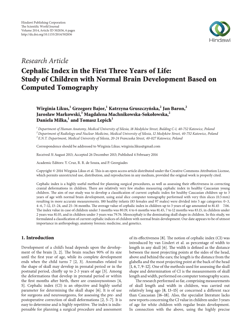 Cephalic Index in the First Three Years of Life: Study of Children with Normal Brain Development Based on Computed Tomography