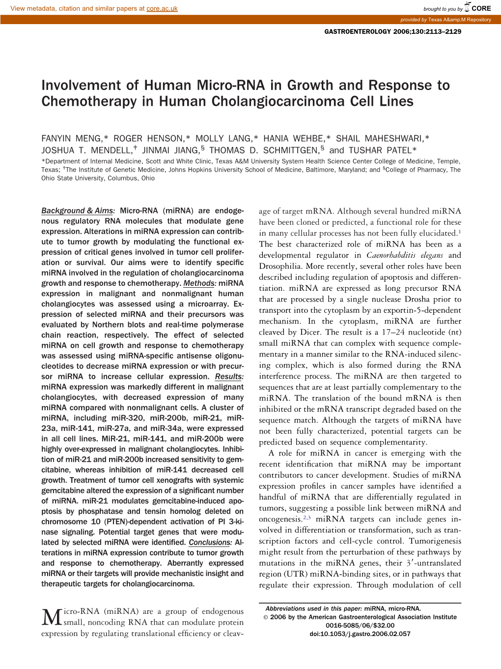 Involvement of Human Micro-RNA in Growth and Response to Chemotherapy in Human Cholangiocarcinoma Cell Lines