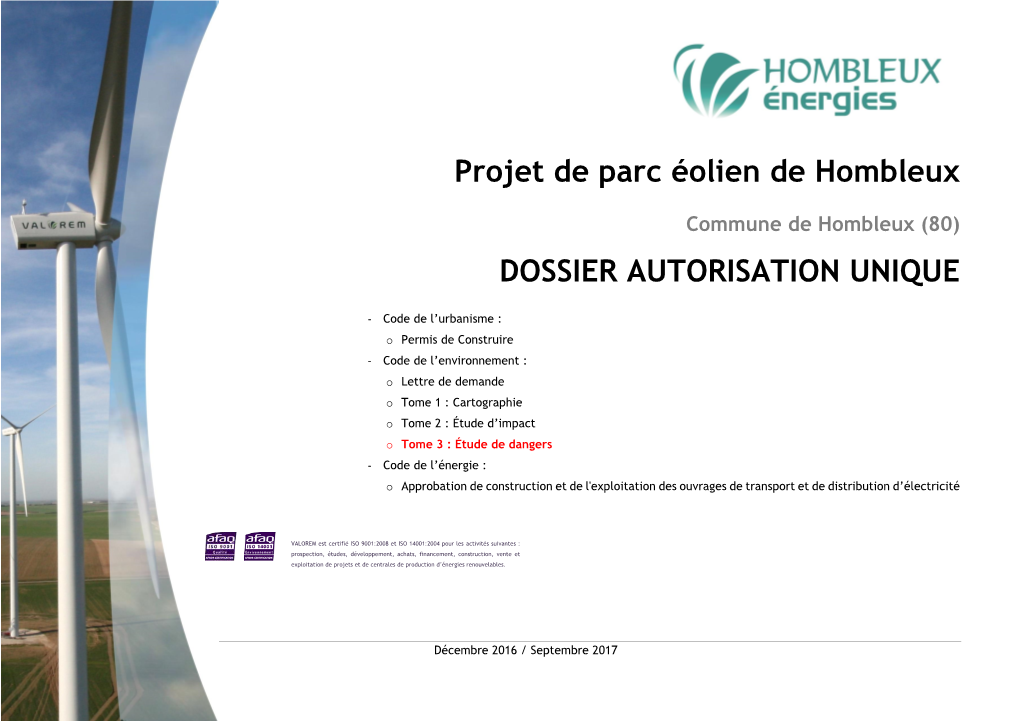 Projet De Parc Éolien De Hombleux DOSSIER AUTORISATION UNIQUE