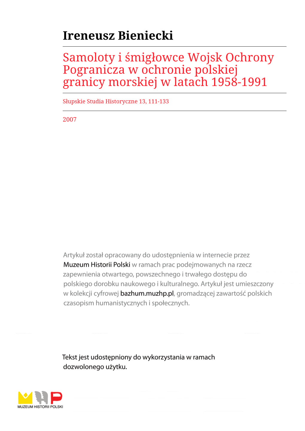 Samoloty I Śmigłowce Wojsk Ochrony Pogranicza W Ochronie Polskiej Granicy Morskiej W Latach 1958-1991