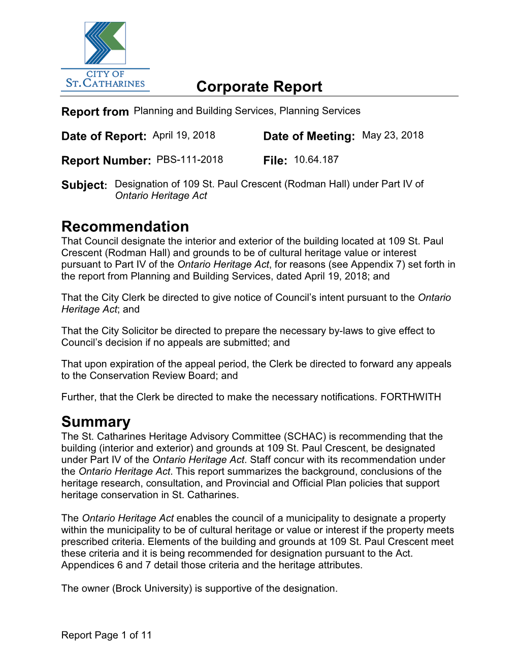 City of St. Catharines Designation of Rodman Hall Under Part IV