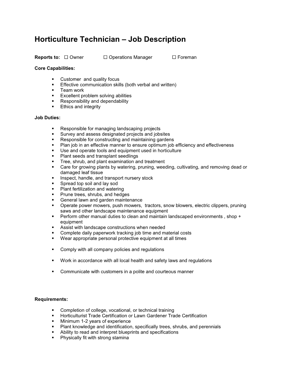 Horticulture Technician Job Description