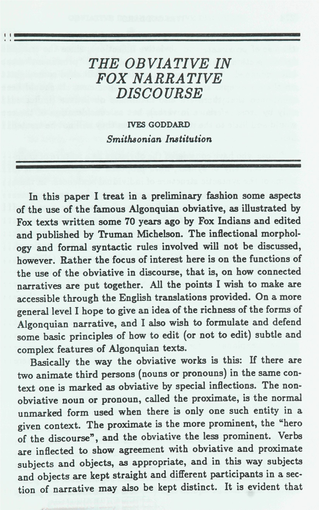 THE OBVIATIVE in FOX NARRATIVE DISCOURSE IVES GODDARD Smithsonian Institution