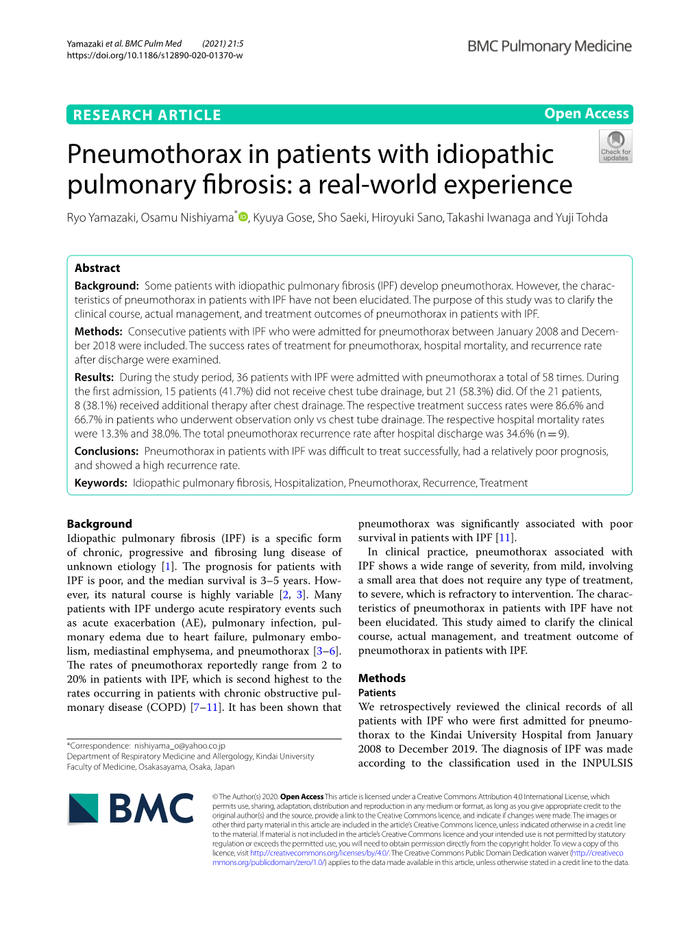 Pneumothorax in Patients with Idiopathic Pulmonary Fibrosis