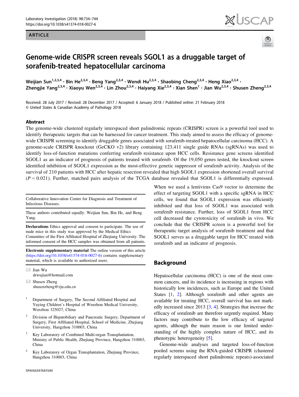 Genome-Wide CRISPR Screen Reveals SGOL1 As a Druggable Target of Sorafenib-Treated Hepatocellular Carcinoma