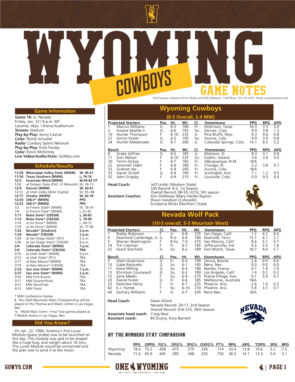 GAME NOTES Nick Seeman, Assistant AD for Media and Public Relations - Cell Phone: 612-741-0550 - Email: Nseeman@Uwyo.Edu