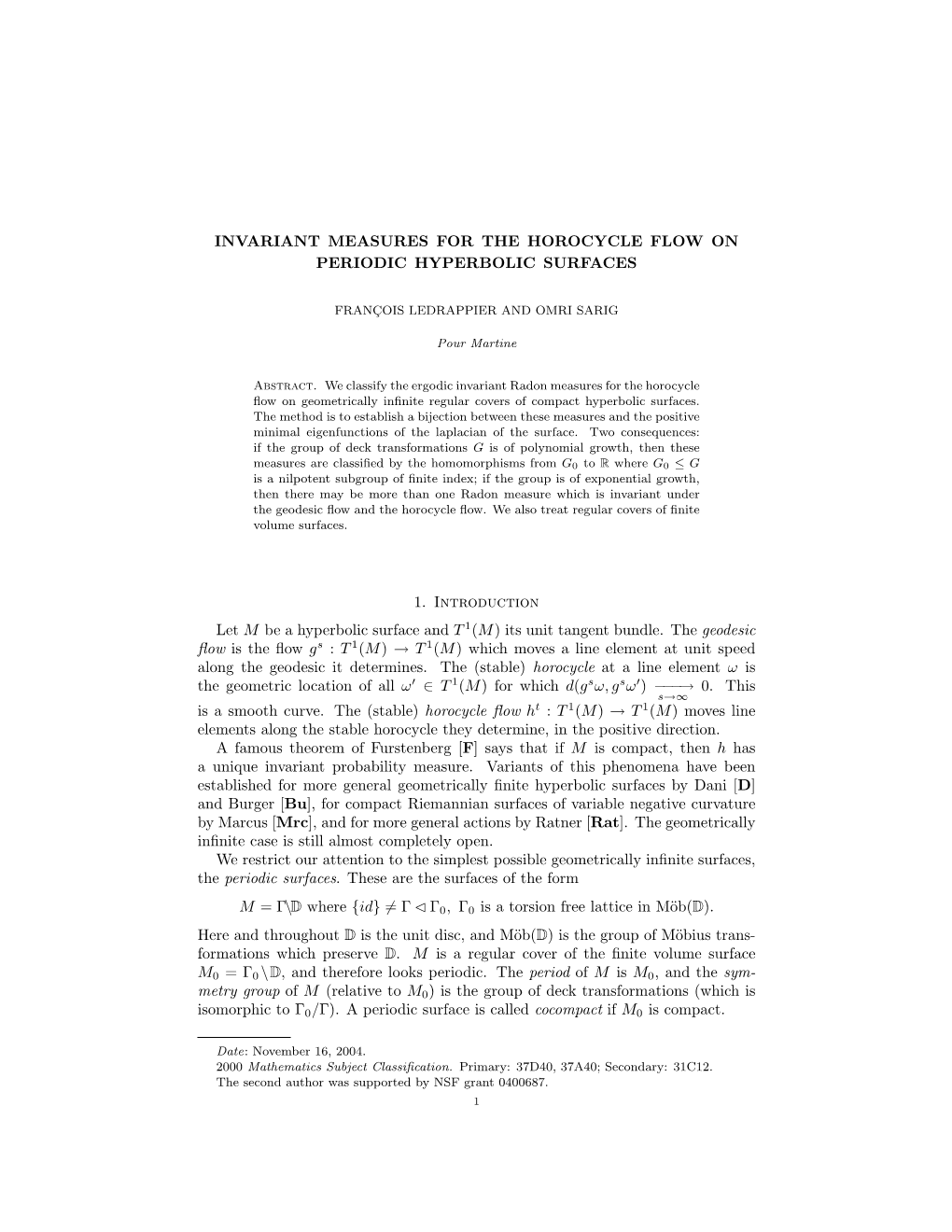 Invariant Measures for the Horocycle Flow on Periodic Hyperbolic Surfaces