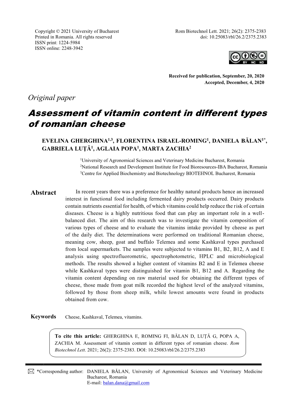 Assessment of Vitamin Content in Different Types of Romanian Cheese