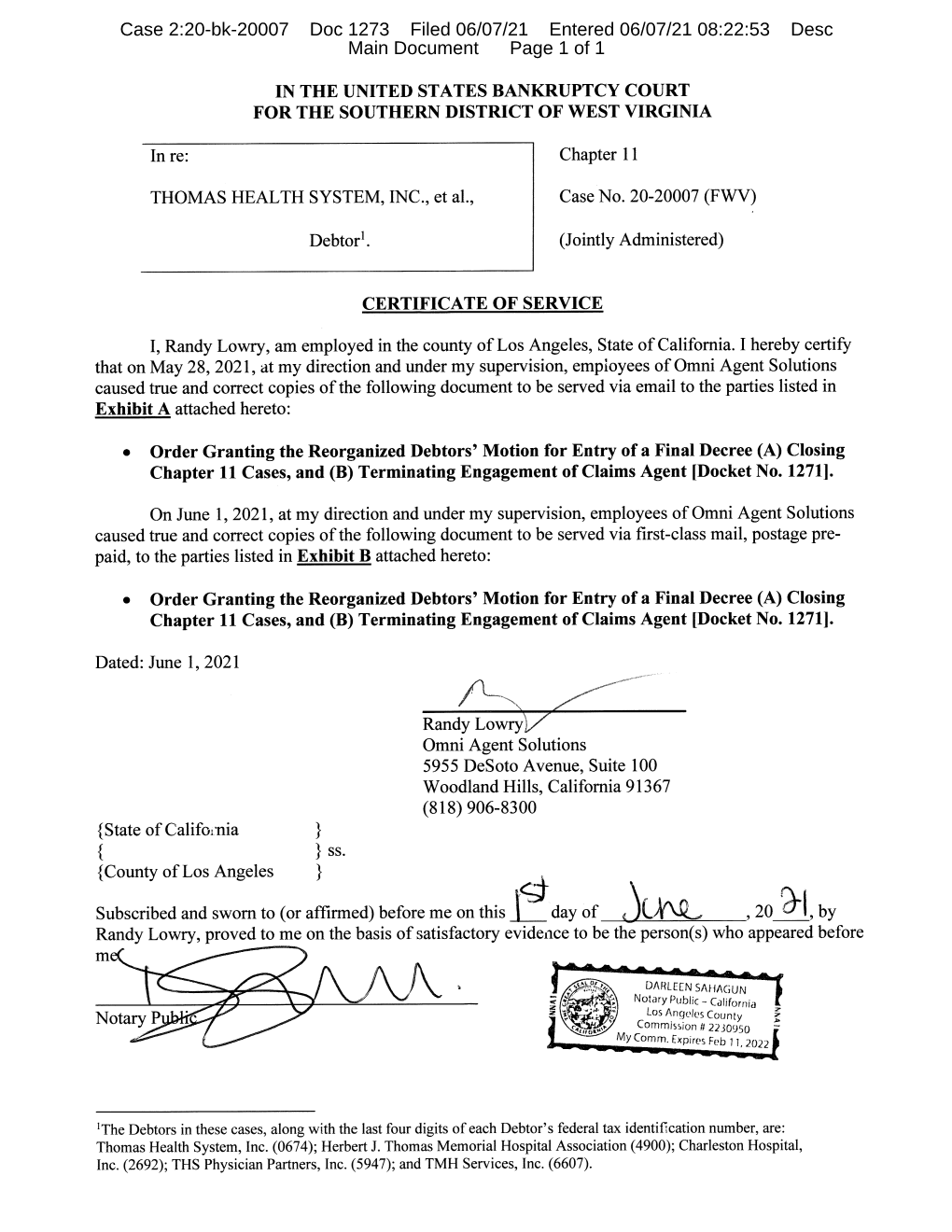 Exhibit a Page 1 of 15 EXHIBIT a Case 2:20-Bk-20007 Doc 1273-1 Filed 06/07/21 Entered 06/07/21 08:22:53 Desc Thomas Health System, Inc., Et Al