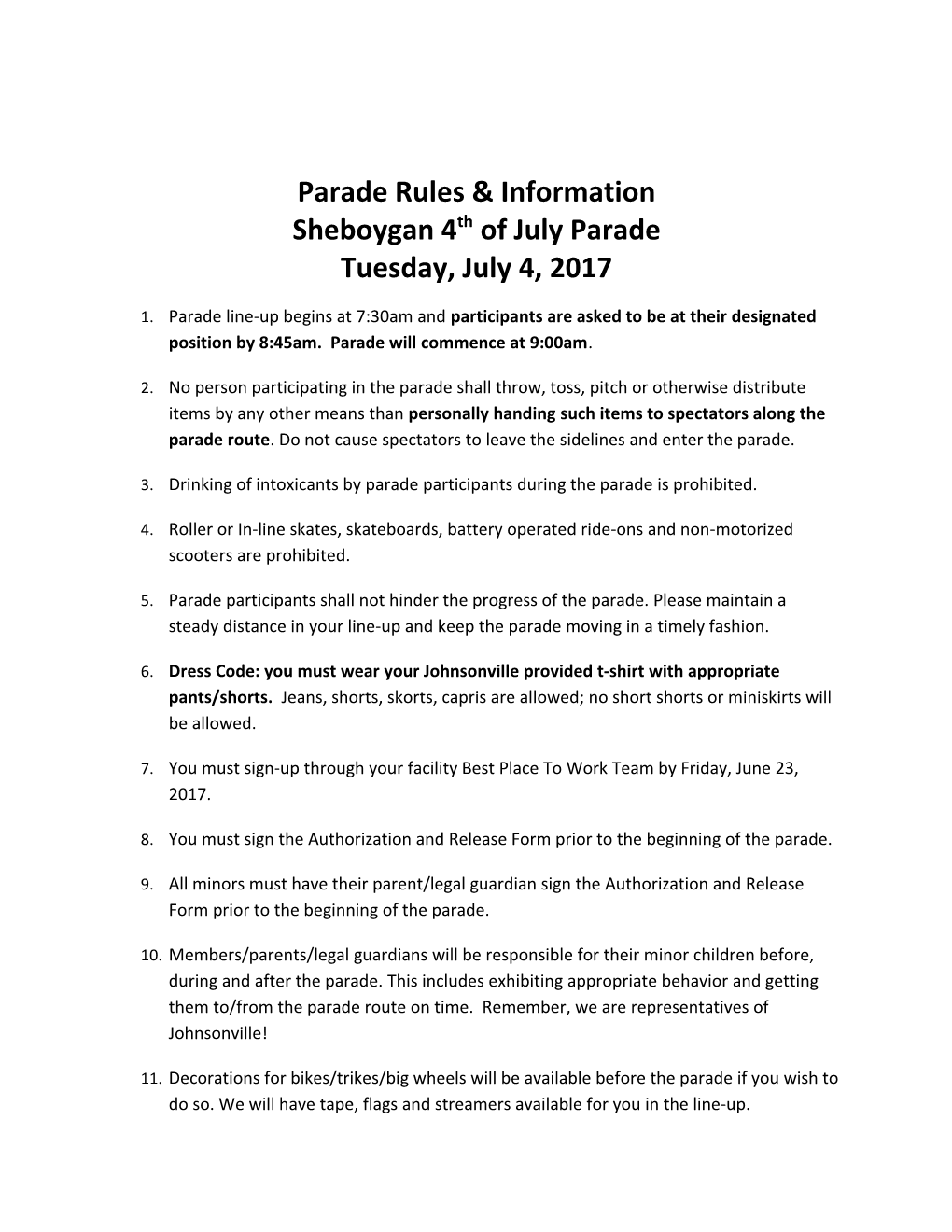 Parade Rules & Information