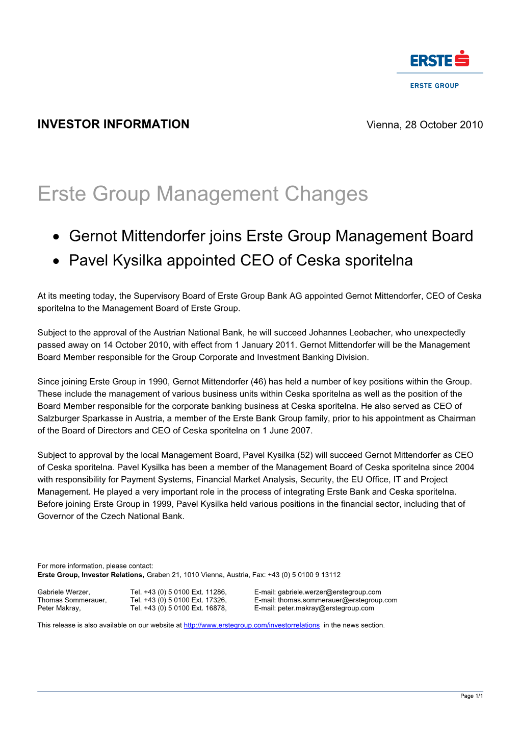 Erste Group Management Changes
