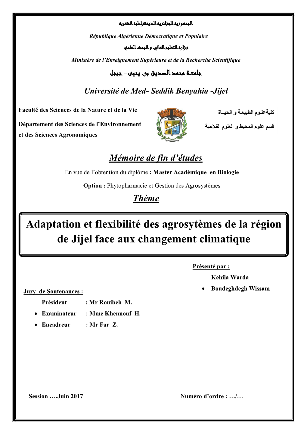 Adaptation Et Flexibilité Des Agrosytèmes De La Région De Jijel Face Aux Changement Climatique