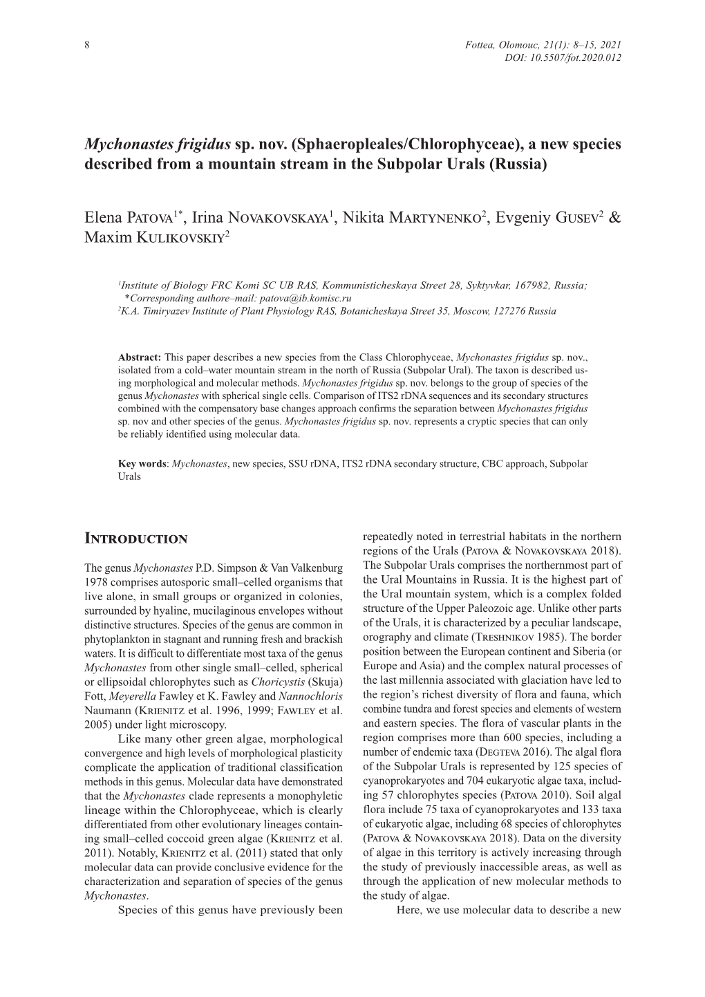 Mychonastes Frigidus Sp. Nov. (Sphaeropleales/Chlorophyceae), a New Species Described from a Mountain Stream in the Subpolar Urals (Russia)