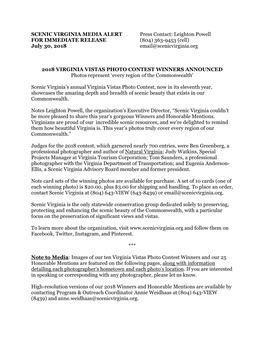 SCENIC VIRGINIA MEDIA ALERT Press Contact: Leighton Powell for IMMEDIATE RELEASE (804) 363-9453 (Cell) July 30, 2018 Email@Scenicvirginia.Org
