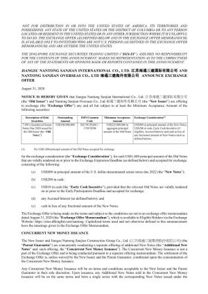 Jiangsu Nantong Sanjian International Co., Ltd. 江苏南通三建国际有限公司 and Nantong Sanjian Overseas Co., Ltd 南通三建海外有限公司 Announce Exchange Offer