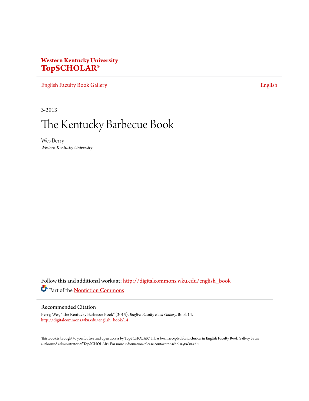 The Kentucky Barbecue Book Wes Berry Western Kentucky University