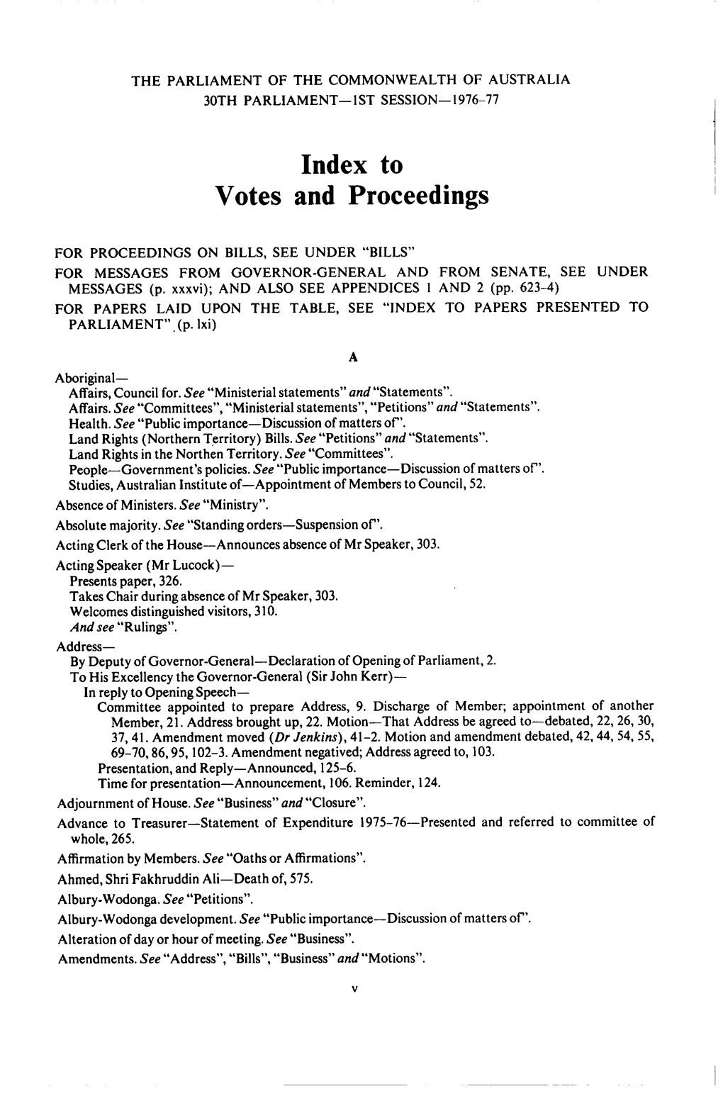 Index to Votes and Proceedings