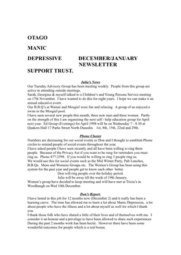 Otago Manic Depressive December/January Newsletter Support Trust