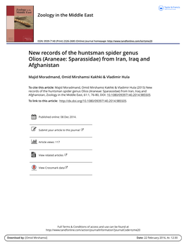 New Records of the Huntsman Spider Genus Olios (Araneae: Sparassidae) from Iran, Iraq and Afghanistan