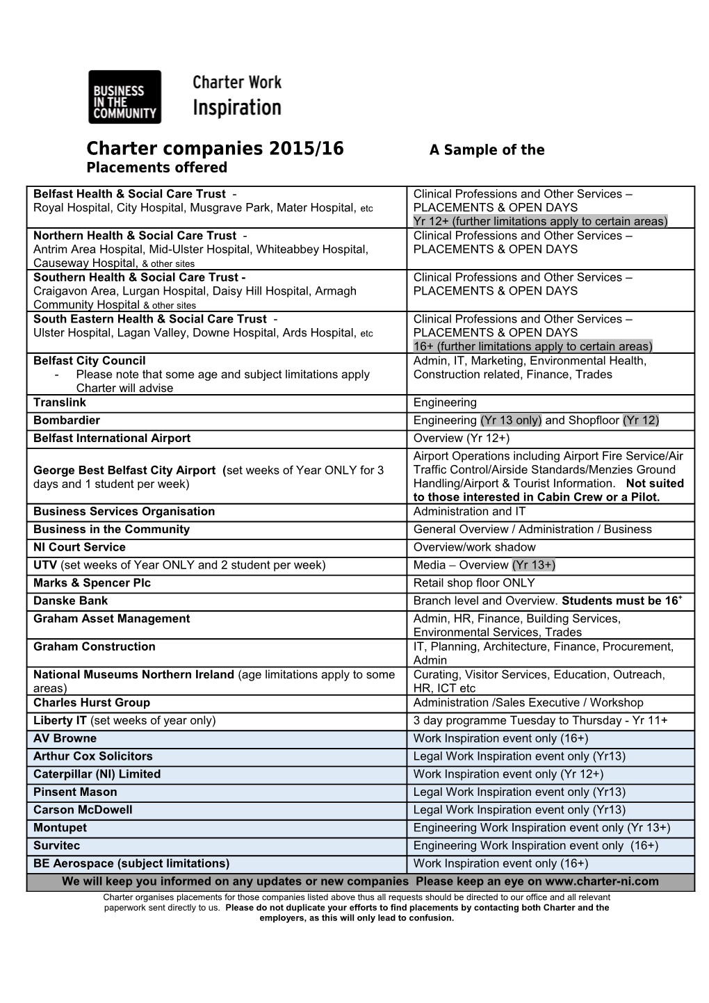 Charter Work Experience Companies