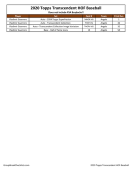 2020 Topps Transcendent HOF Baseball Checklist