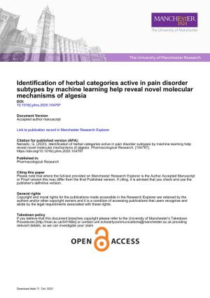 Identification of Herbal Categories Active in Pain Disorder Subtypes By