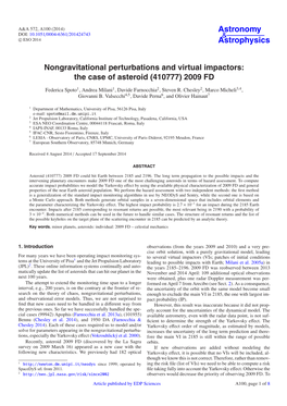 Nongravitational Perturbations and Virtual Impactors: the Case of Asteroid \(410777\) 2009 FD