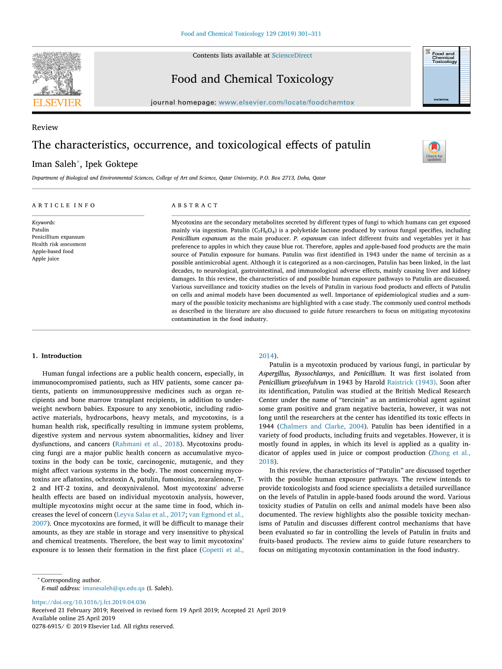 The Characteristics, Occurrence, and Toxicological Effects of Patulin