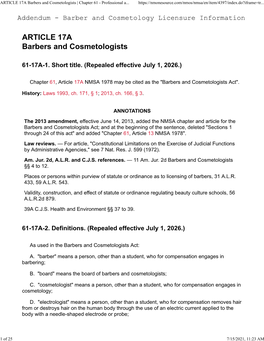 ARTICLE 17A Barbers and Cosmetologists | Chapter 61 - Professional A