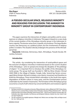 A Pseudo-Secular Space, Religious Minority and Reasons for Exclusion: the Ahmadiyya Minority Group in Contemporary Indonesia