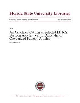 An Annotated Catalog of Selected I.D.R.S. Bassoon Articles, with an Appendix of Categorized Bassoon Articles Shaye Bowman