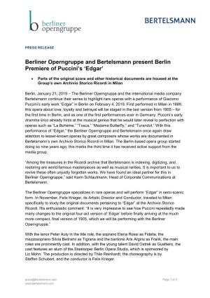 Berliner Operngruppe and Bertelsmann Present Berlin Premiere of Puccini's 'Edgar'