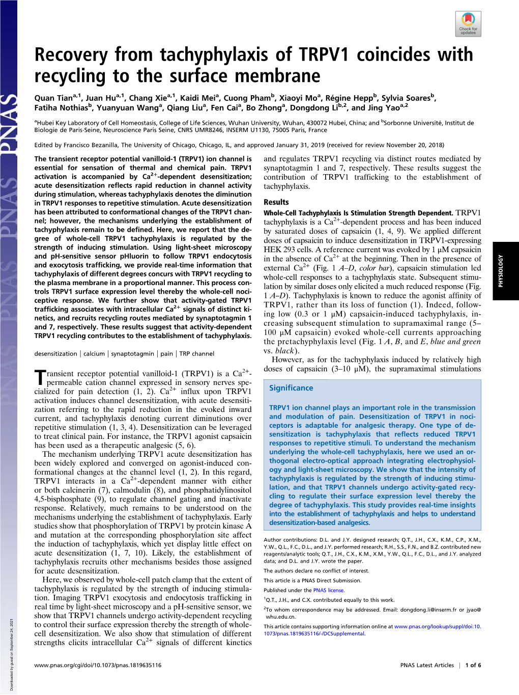 Recovery from Tachyphylaxis of TRPV1 Coincides with Recycling to the Surface Membrane