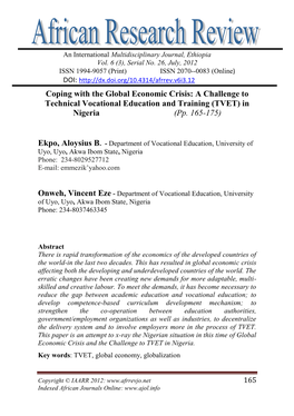 Coping with the Global Economic Crisis: a Challenge to Technical Vocational Education and Training (TVET) in Nigeria (Pp