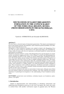 Mechanisms of Karst Breakdown Formation in the Gypsum Karst of the Fore-Ural Region, Russia (From Observations in the Kungurskaja Cave)