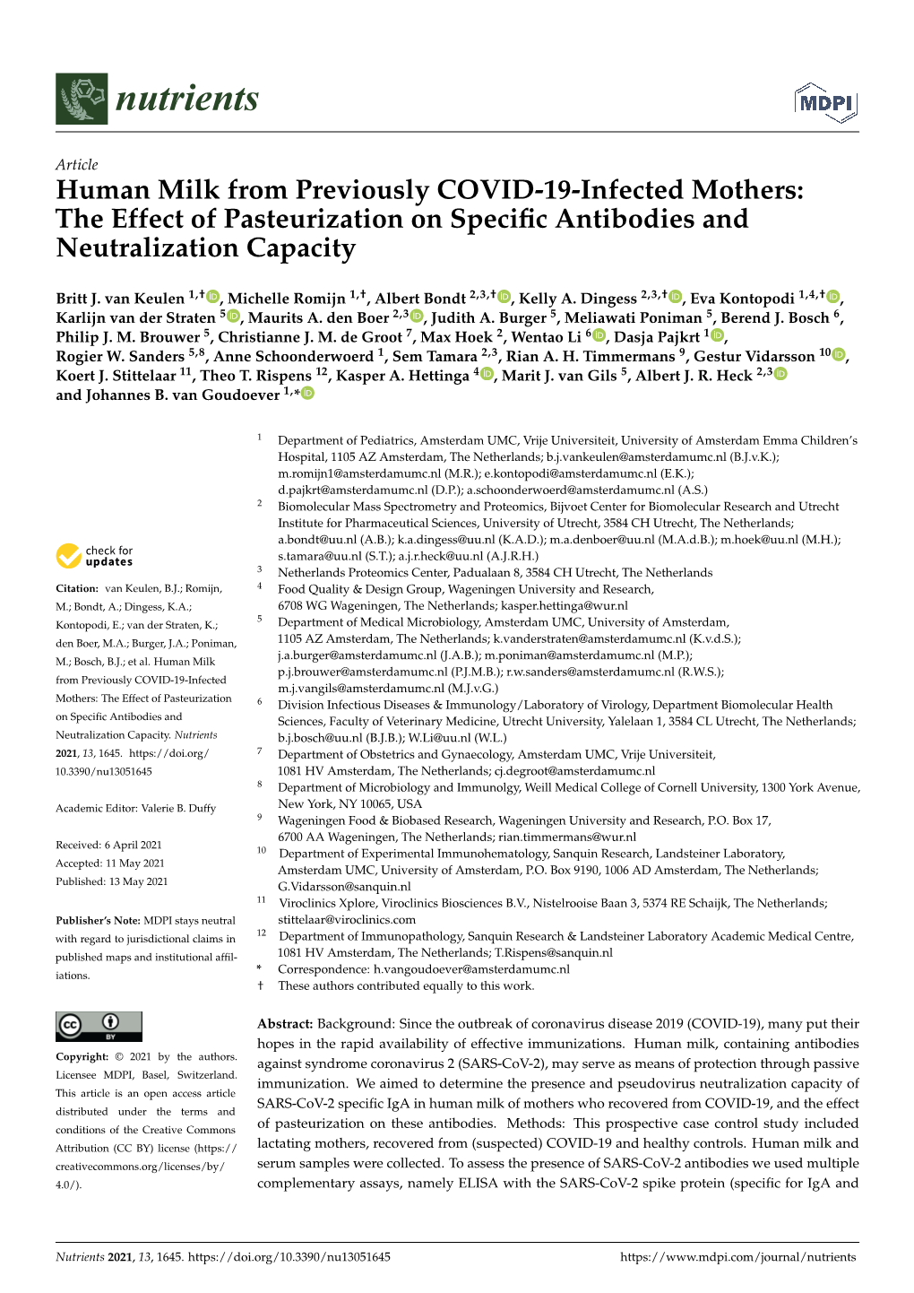 Human Milk from Previously COVID-19-Infected Mothers: the Effect of Pasteurization on Speciﬁc Antibodies and Neutralization Capacity