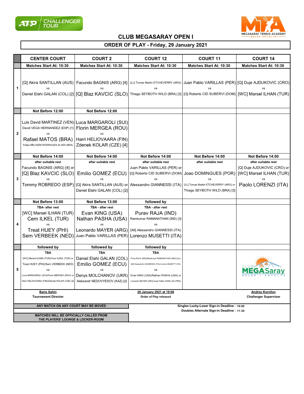 CLUB MEGASARAY OPEN I ORDER of PLAY - Friday, 29 January 2021