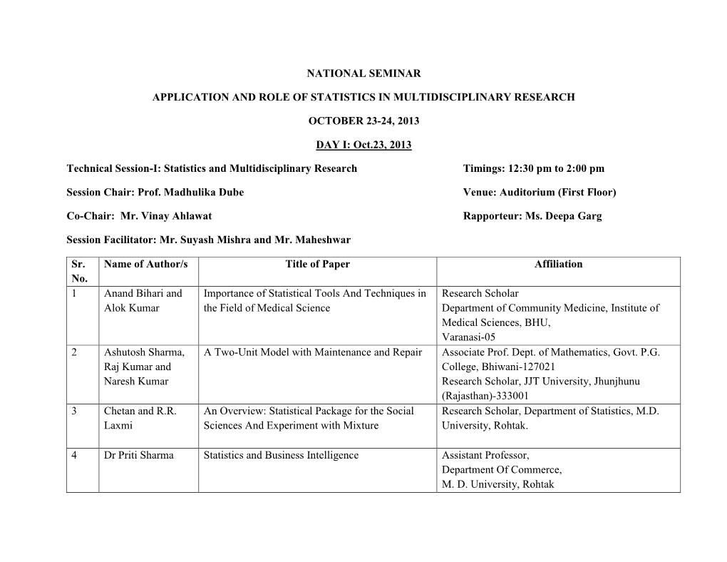 National Seminar Application and Role of Statistics In