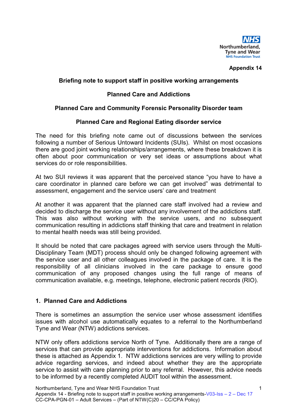 Briefing Note to Support Staff in Positive Working Arrangements