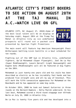 Atlantic City's Finest Boxers to See Action on August