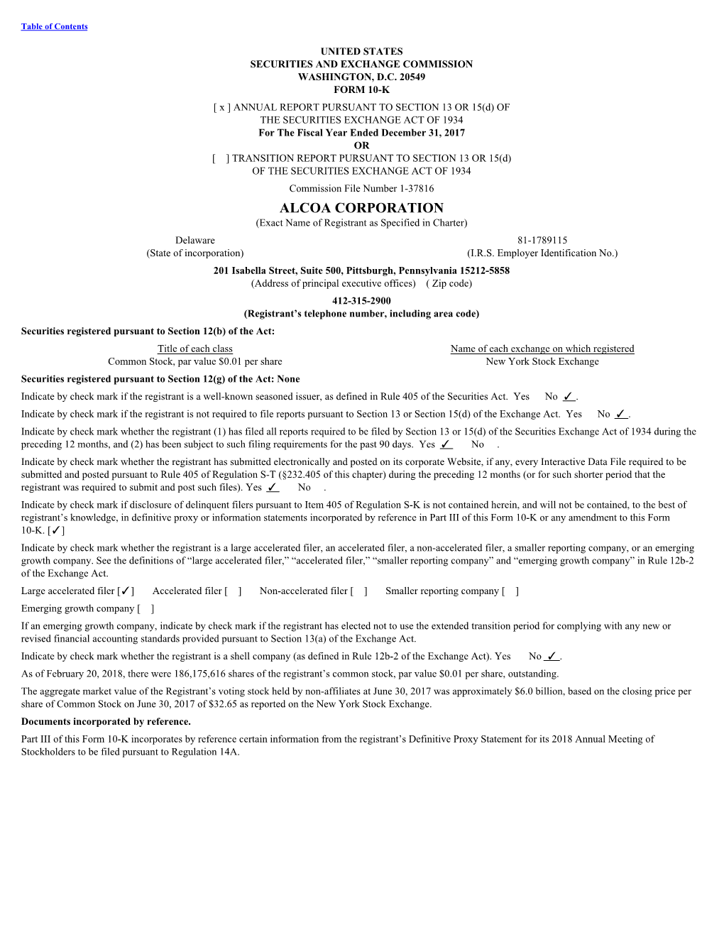 ALCOA CORPORATION (Exact Name of Registrant As Specified in Charter)