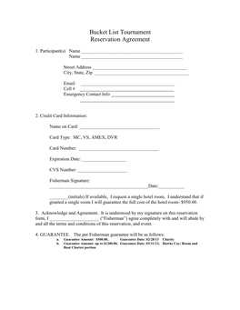 Bucket List Tournament Reservation Agreement