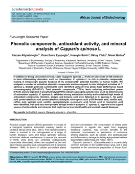 Phenolic Components, Antioxidant Activity, and Mineral Analysis of Capparis Spinosa L