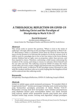 A THEOLOGICAL REFLECTION on COVID-19 Suffering Christ and the Paradigm of Discipleship in Mark 9:36-37