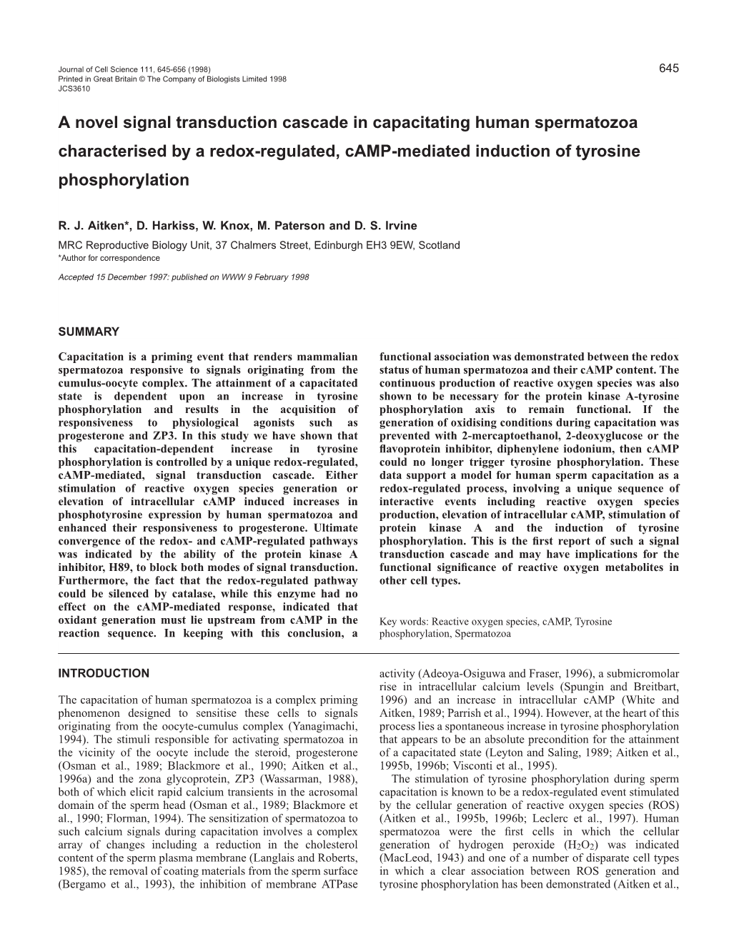 A Novel Signal Transduction Cascade in Capacitating Human Spermatozoa Characterised by a Redox-Regulated, Camp-Mediated Induction of Tyrosine Phosphorylation